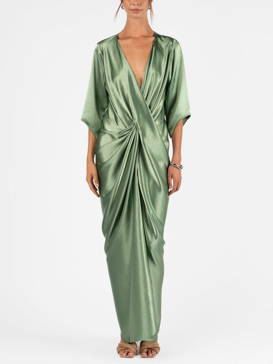 Elegant Satin Deep V Wrap Twist Front Maxi Dress