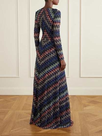 Gradient Crochet Knit V‑Neck Long Sleeve Maxi Dress