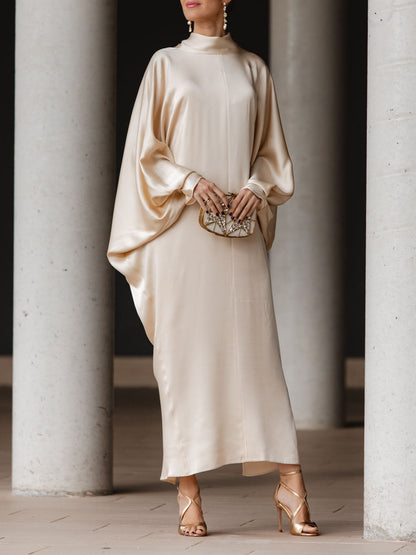 Elegant Satin Batwing Sleeve Kaftan Maxi Dress