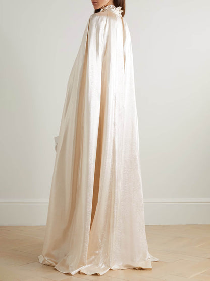 Elegant Glossy Satin Cape Sleeve Maxi Dress