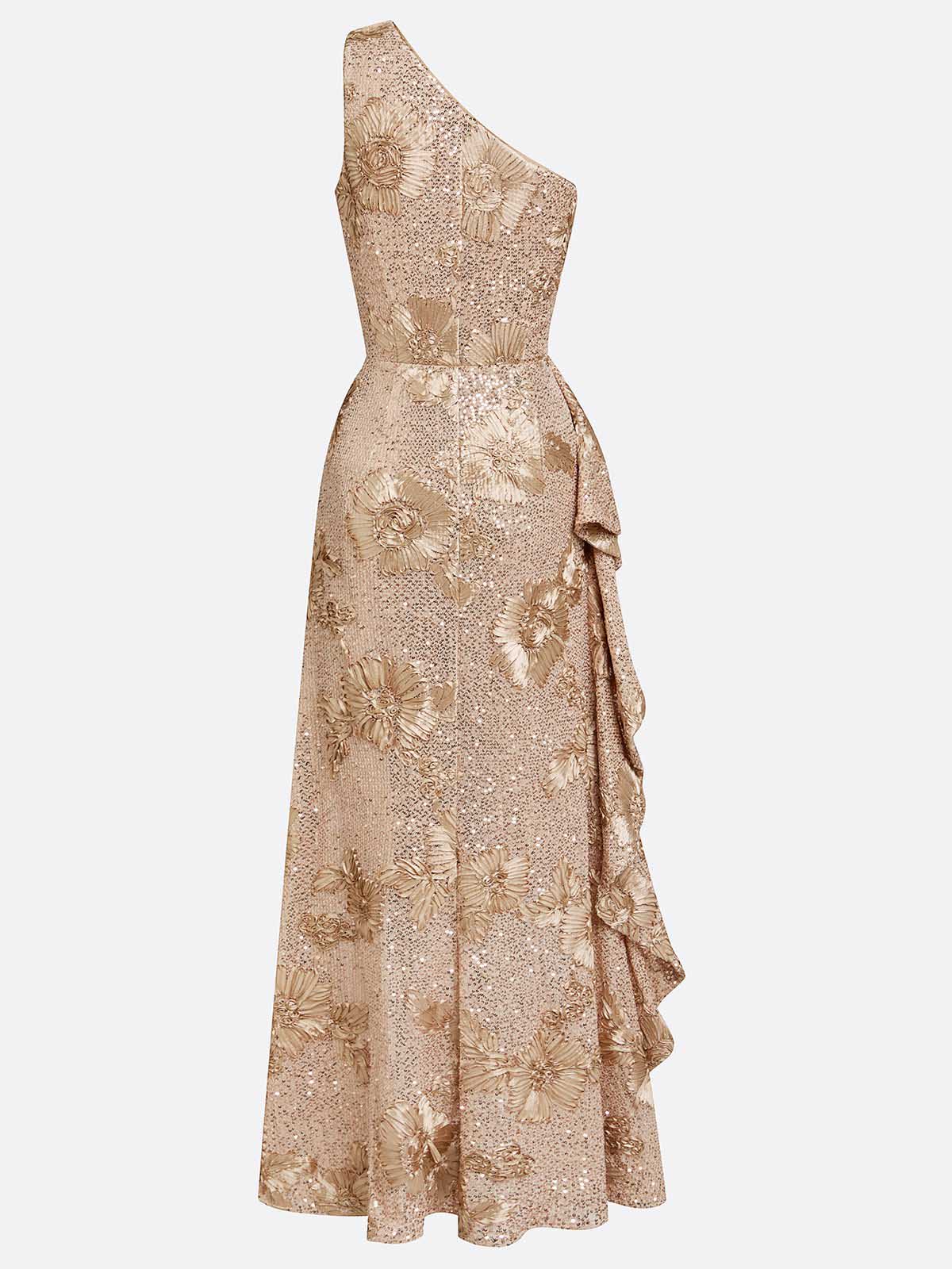 Elegant Floral Sequin One-Shoulder Ruched Maxi Dress