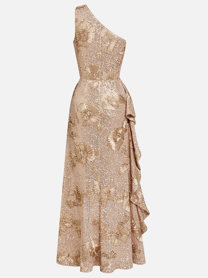 Elegant Floral Sequin One-Shoulder Ruched Maxi Dress