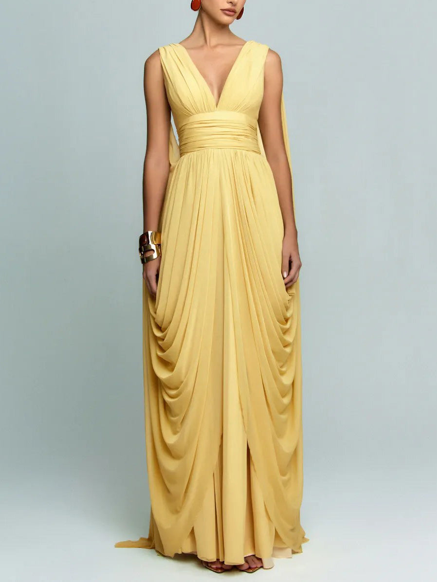 Elegant Draped Chiffon Evening Maxi Dress