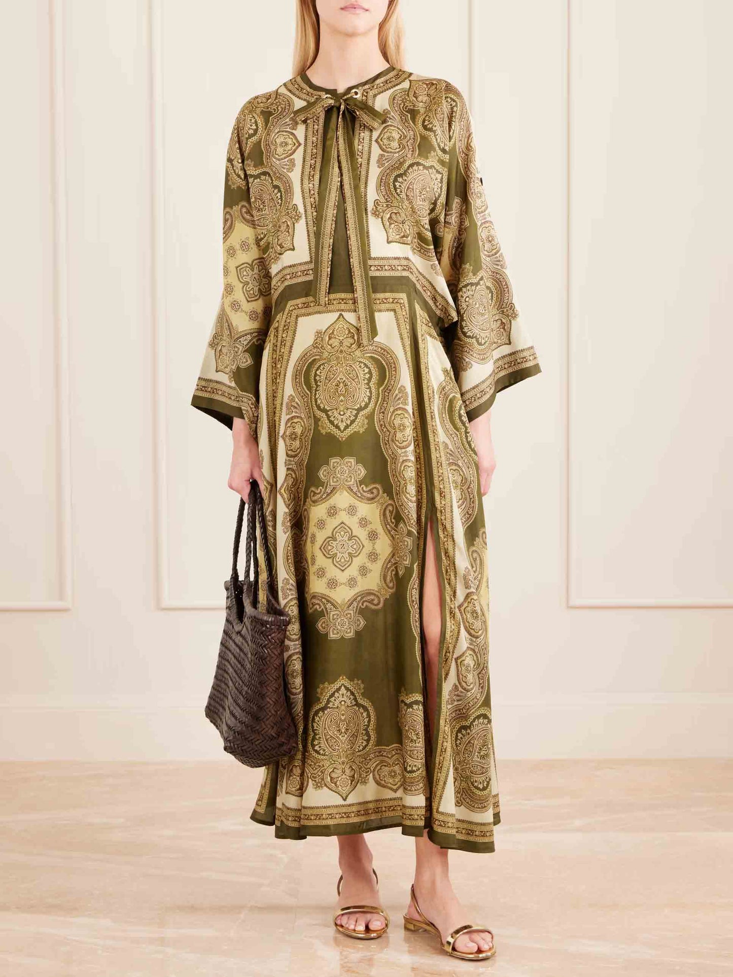 Retro Paisley Print Tie-Neck Side Slit Maxi Dress