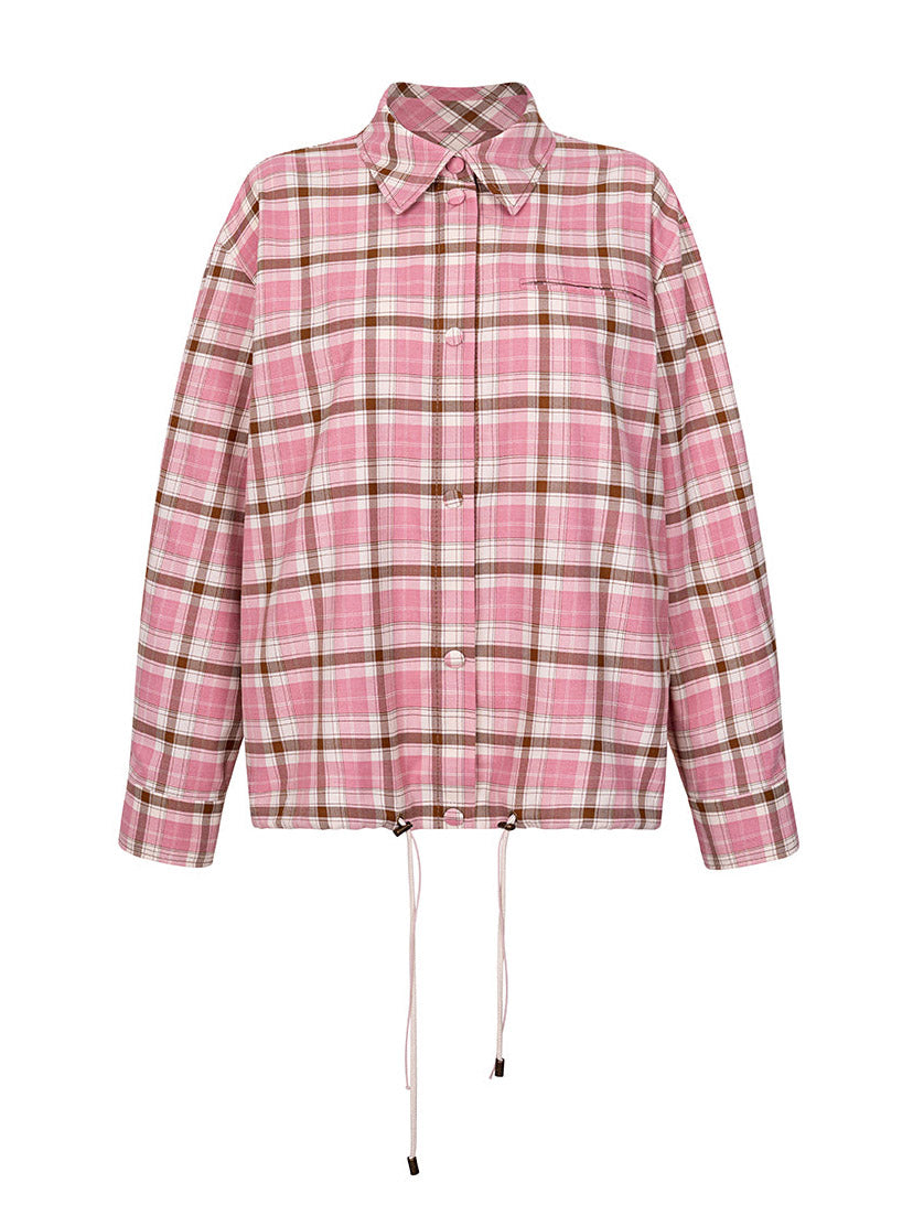Classic Plaid Loose Shirt & Feather-Trim Skirt Two-Piece Set