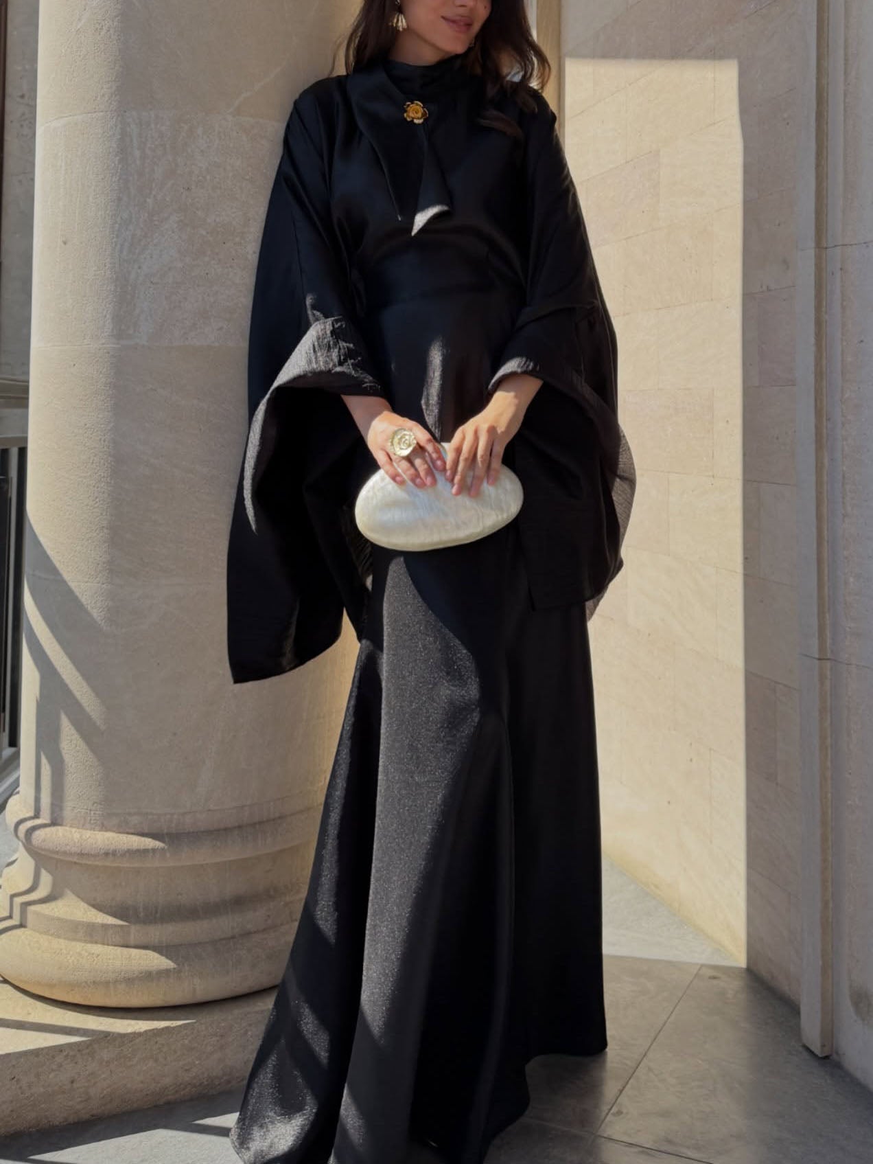 Elegant Shimmer Satin Batwing Sleeve Top & Maxi Skirt Two-Piece Set
