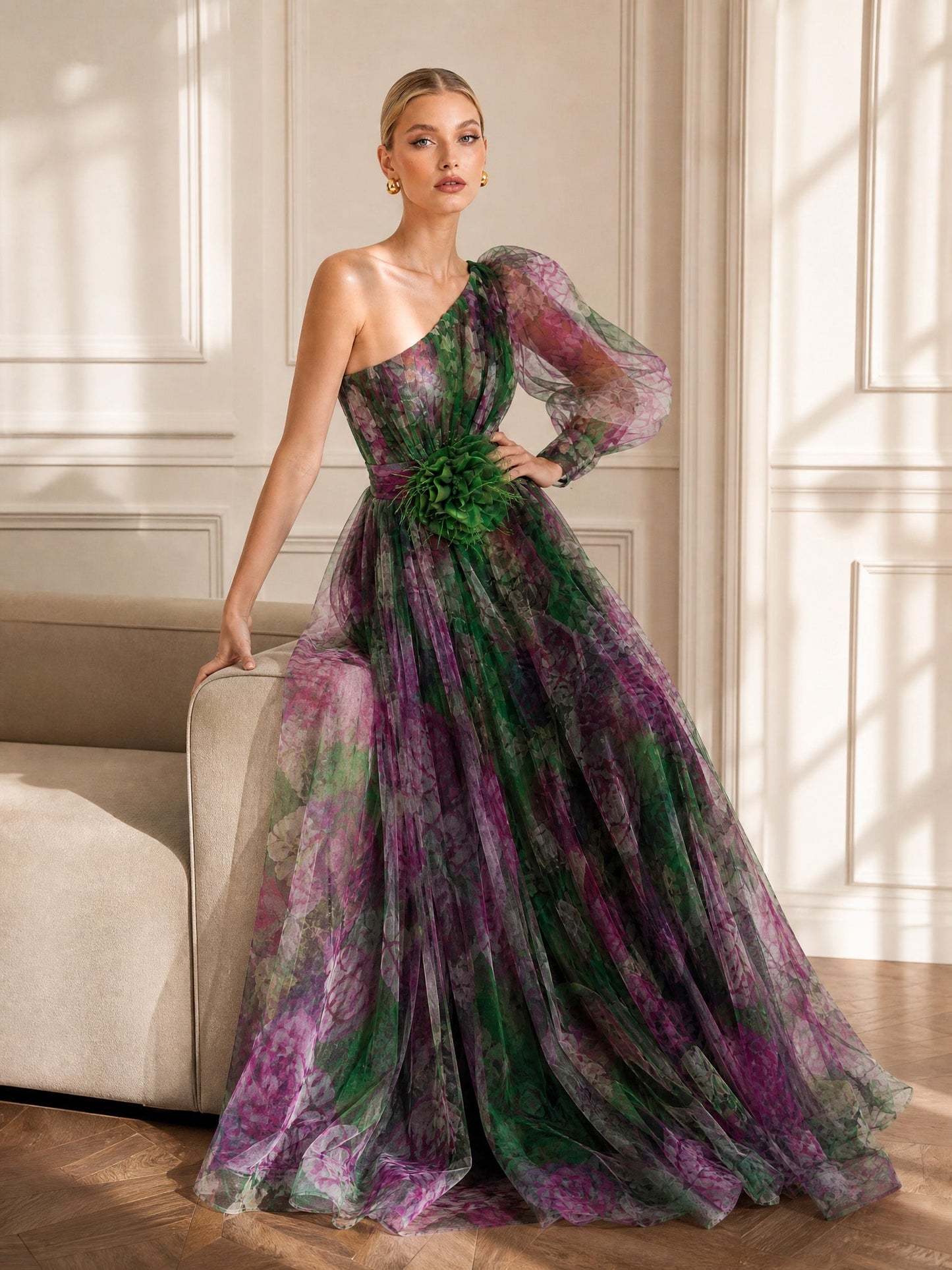 Elegant Floral Print Ruched One-Shoulder Sheer Maxi Dress