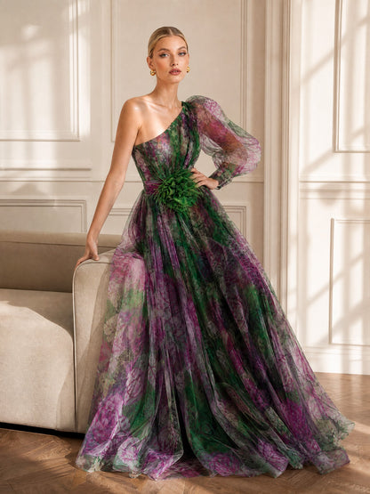 Elegant Floral Print Ruched One-Shoulder Sheer Maxi Dress