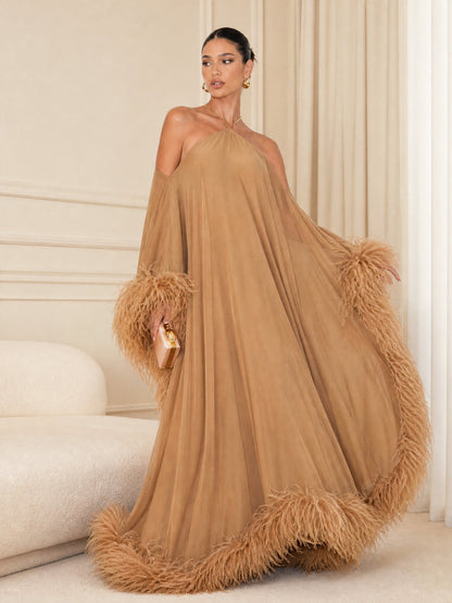 Elegant Halter Off-Shoulder Feather-Trim Maxi Evening Dress
