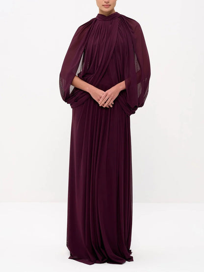 Elegant Draped Cape Sleeve Pleated Maxi Dress
