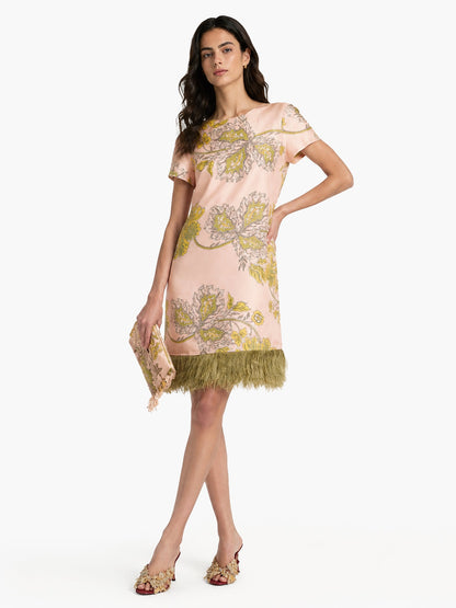 Elegant Printed Feather-Trim Fringe Hem Satin Mini Dress
