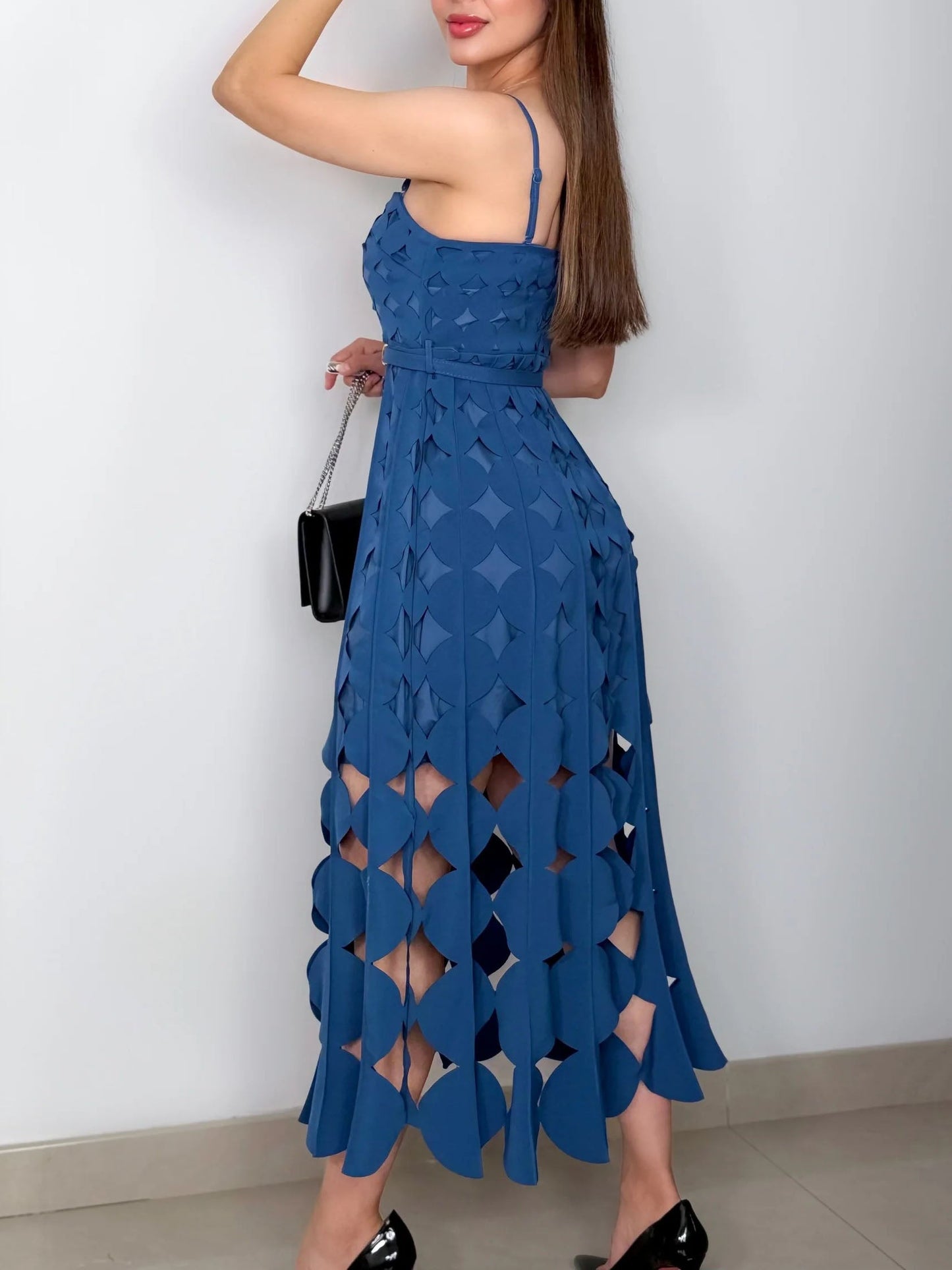Elegant Geometric Cutout Spaghetti Strap Midi Dress