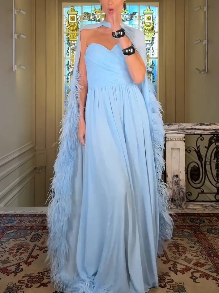 Chiffon Feather‑Trim Cape Evening Maxi Dress