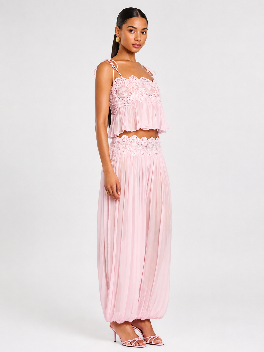 Exquisite Paisley Lace Trim Tie-Front Top Two-Piece Set