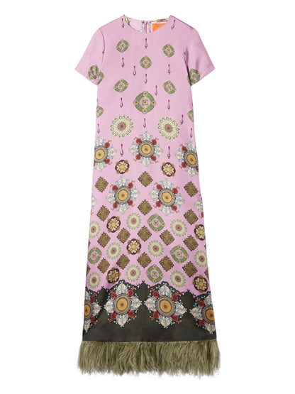 Boho Baroque Print Feather Trim Maxi Dress