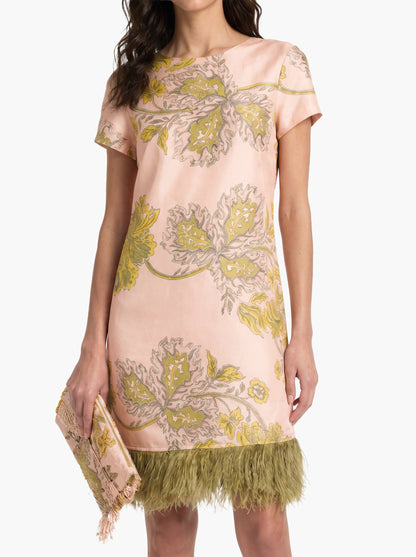 Elegant Printed Feather-Trim Fringe Hem Satin Mini Dress