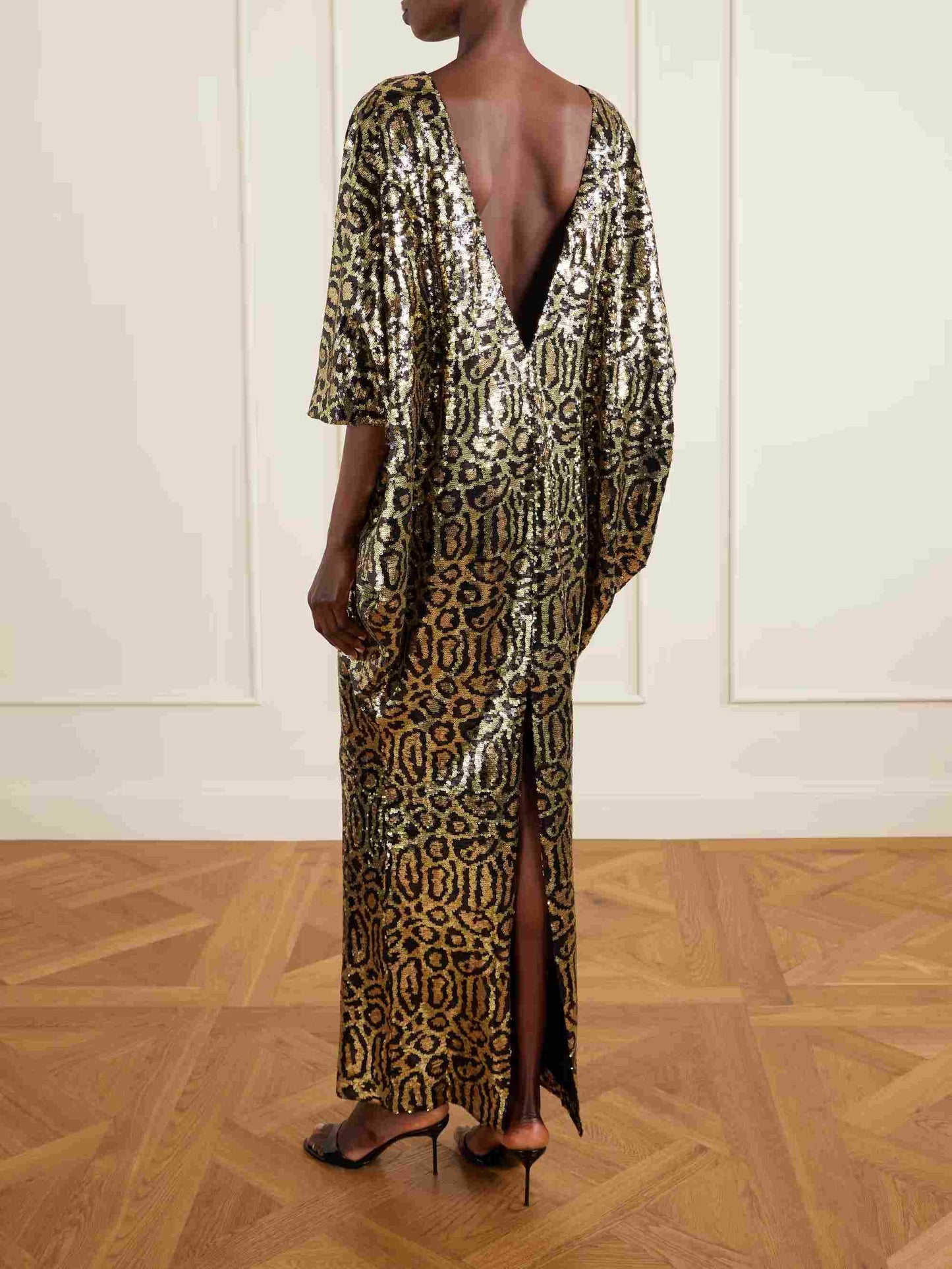 Elegant Leopard Sequin Kaftan Maxi Dress