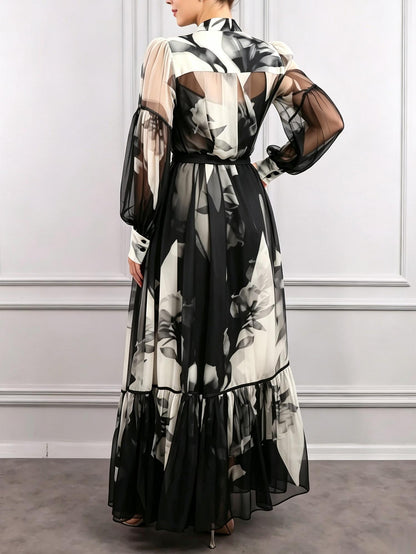 Elegant Abstract Floral Print Sheer Chiffon Maxi Dress
