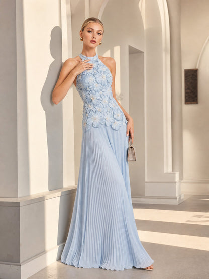 Elegant Halter Neck 3D Floral Appliqué Ruched Maxi Dress