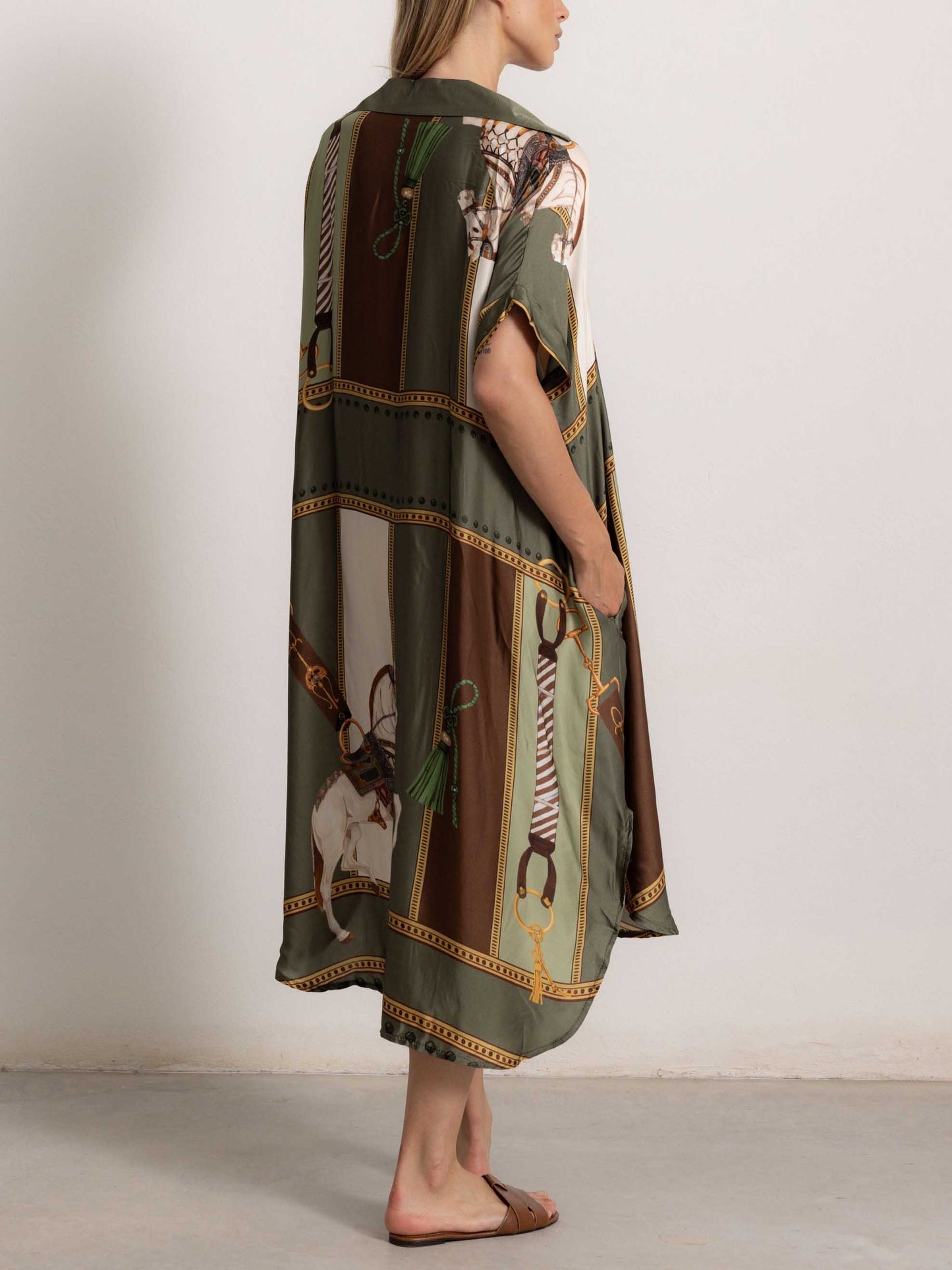 Retro Equestrian Print Shirt Midi Dress