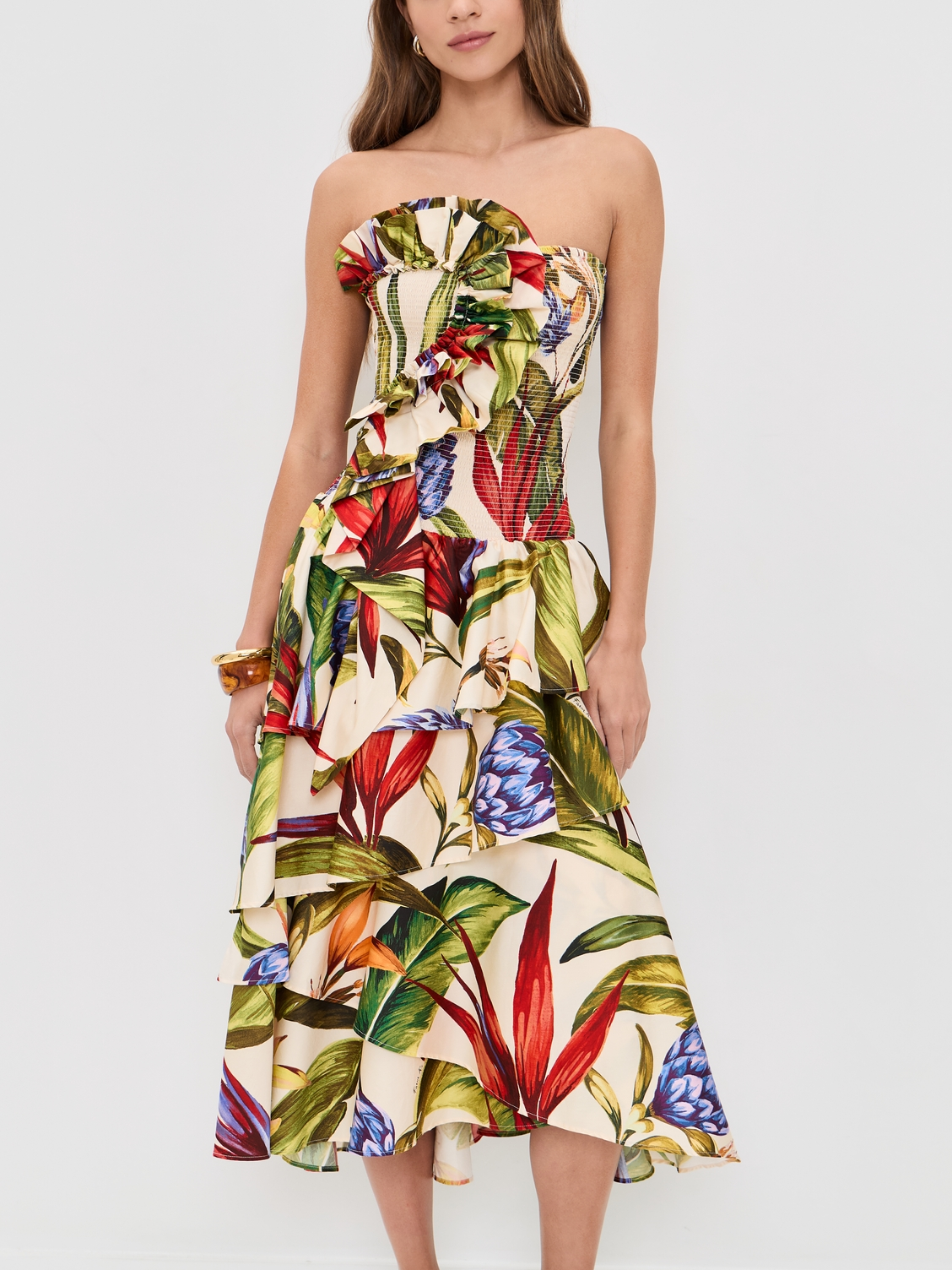 Tropical Botanical Print Strapless Dress
