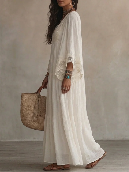 Elegant Batwing Sleeve Lace Flowy Maxi Dress