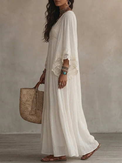 Elegant Batwing Sleeve Lace Flowy Maxi Dress