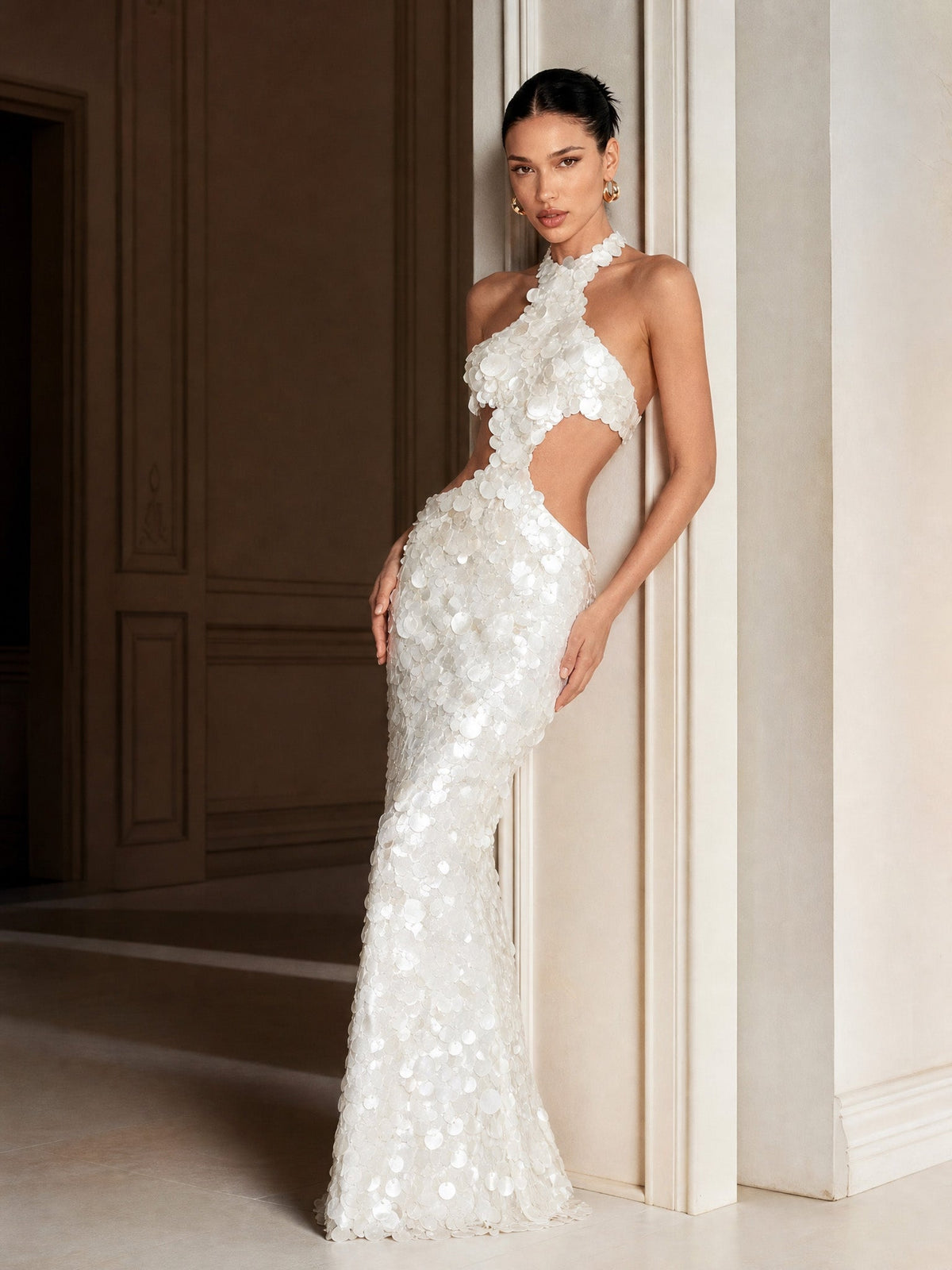Elegant Halter Cutout Sequin Mermaid Maxi Dress