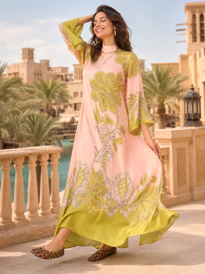 Elegant Retro Print Satin Tie-Waist Maxi Dress