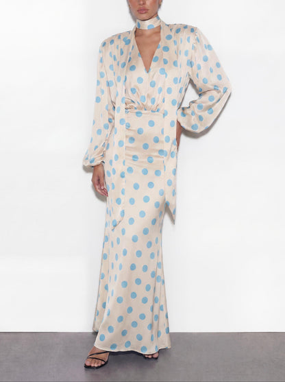 Elegant Polka Dot Blouse & Maxi Skirt Two-Piece Set