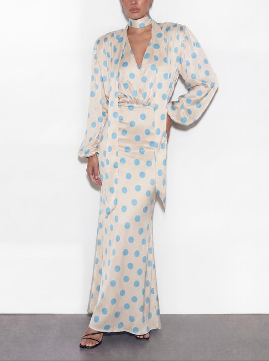 Elegant Polka Dot Blouse & Maxi Skirt Two-Piece Set