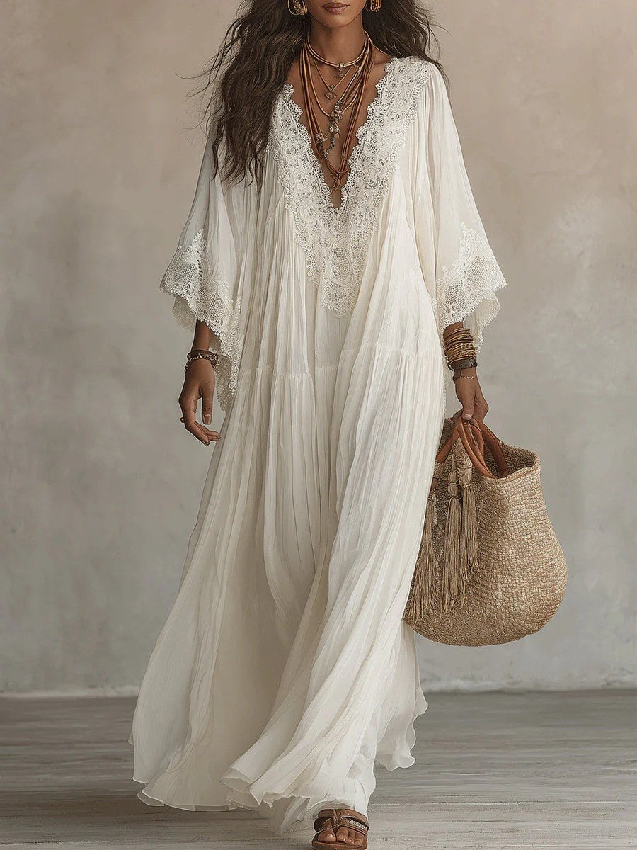 Elegant Batwing Sleeve Lace Flowy Maxi Dress