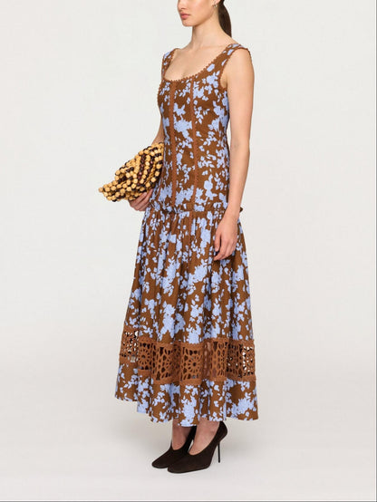Floral Print Square Neck Crochet Lace Trim Maxi Dress
