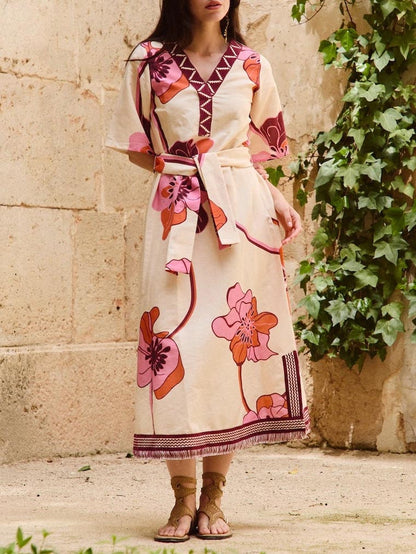 Boho Large Floral Print V‑Neck Belted Fringe Midi Dress