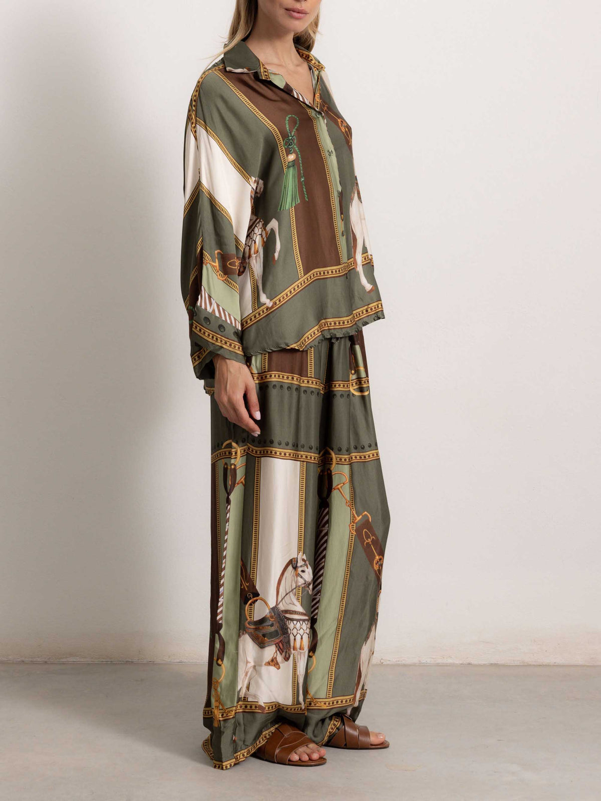 Retro Equestrian Print Shirt & Wide-Leg Pants Two-Piece Set
