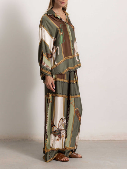 Retro Equestrian Print Shirt & Wide-Leg Pants Two-Piece Set