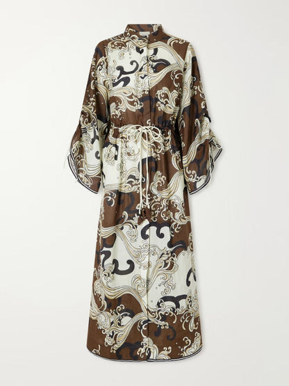 Retro Abstract Print Drawstring Long Sleeve Maxi Dress
