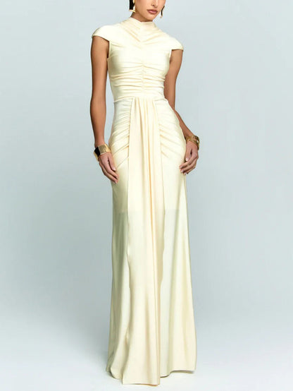 Elegant High-Neck Cap Sleeve Ruched Satin Maxi Dress
