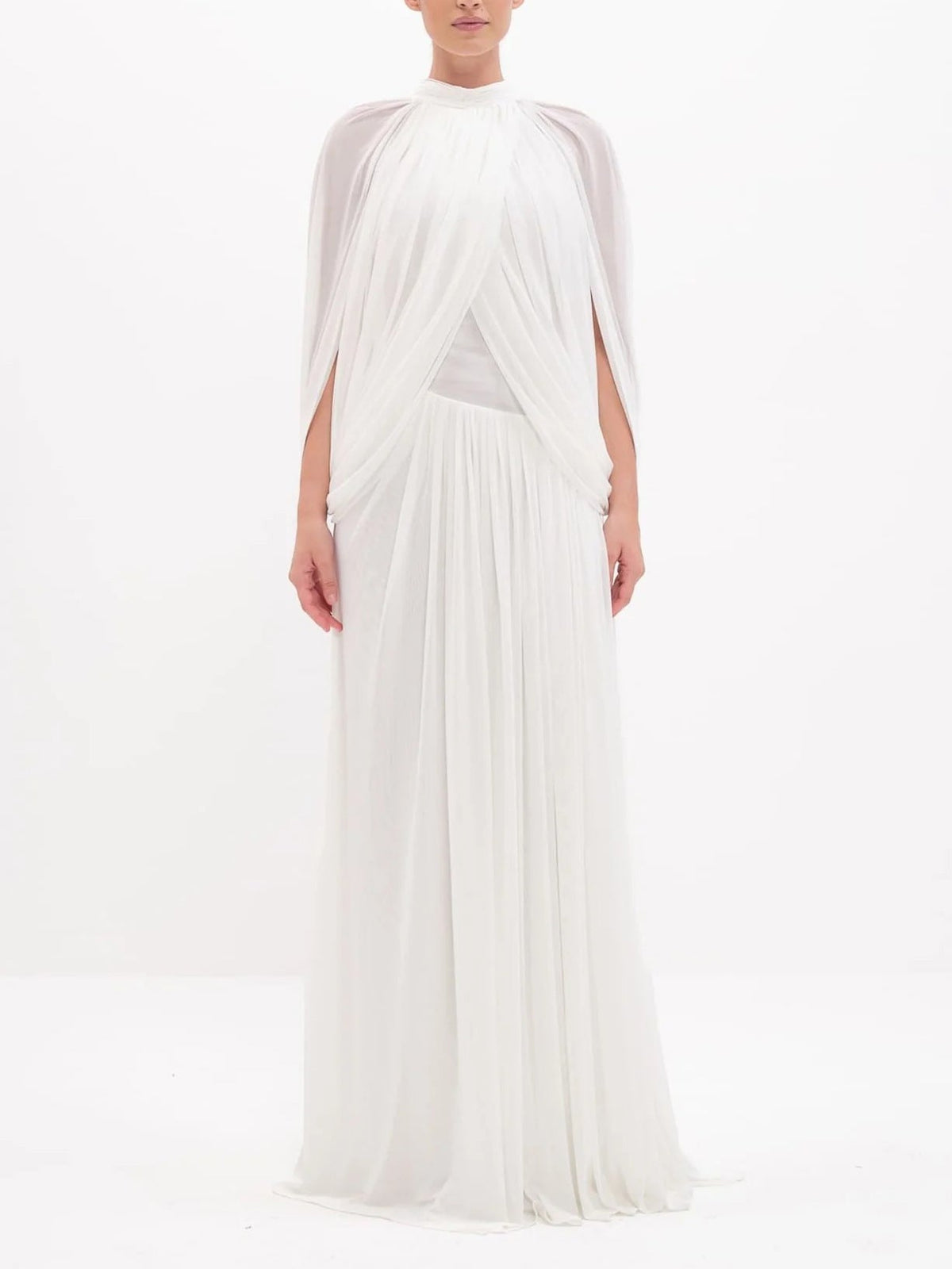 Elegant Draped Cape Sleeve Pleated Maxi Dress
