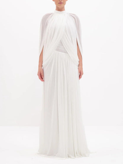 Elegant Draped Cape Sleeve Pleated Maxi Dress