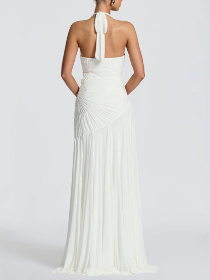 Elegant Halter Neck Ruched Pleated Maxi Dress