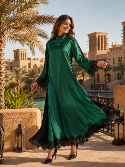 Elegant Color-Block Reversible Satin Lace-Trim Maxi Dress