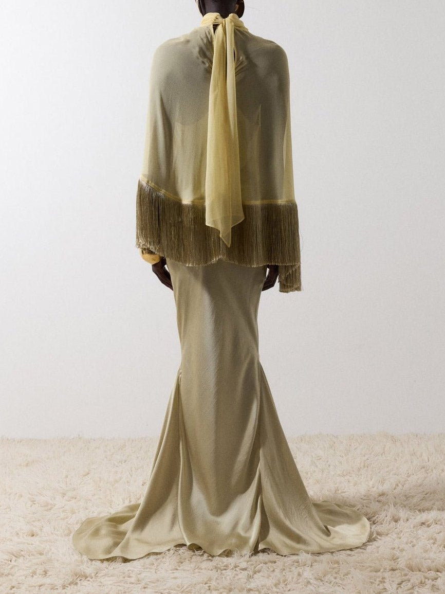 Elegant Fringe Shawl Top & Satin Maxi Skirt Three-Piece Set