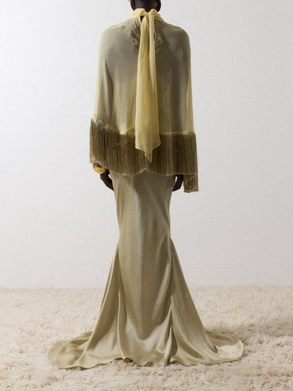 Elegant Fringe Shawl Top & Satin Maxi Skirt Three-Piece Set