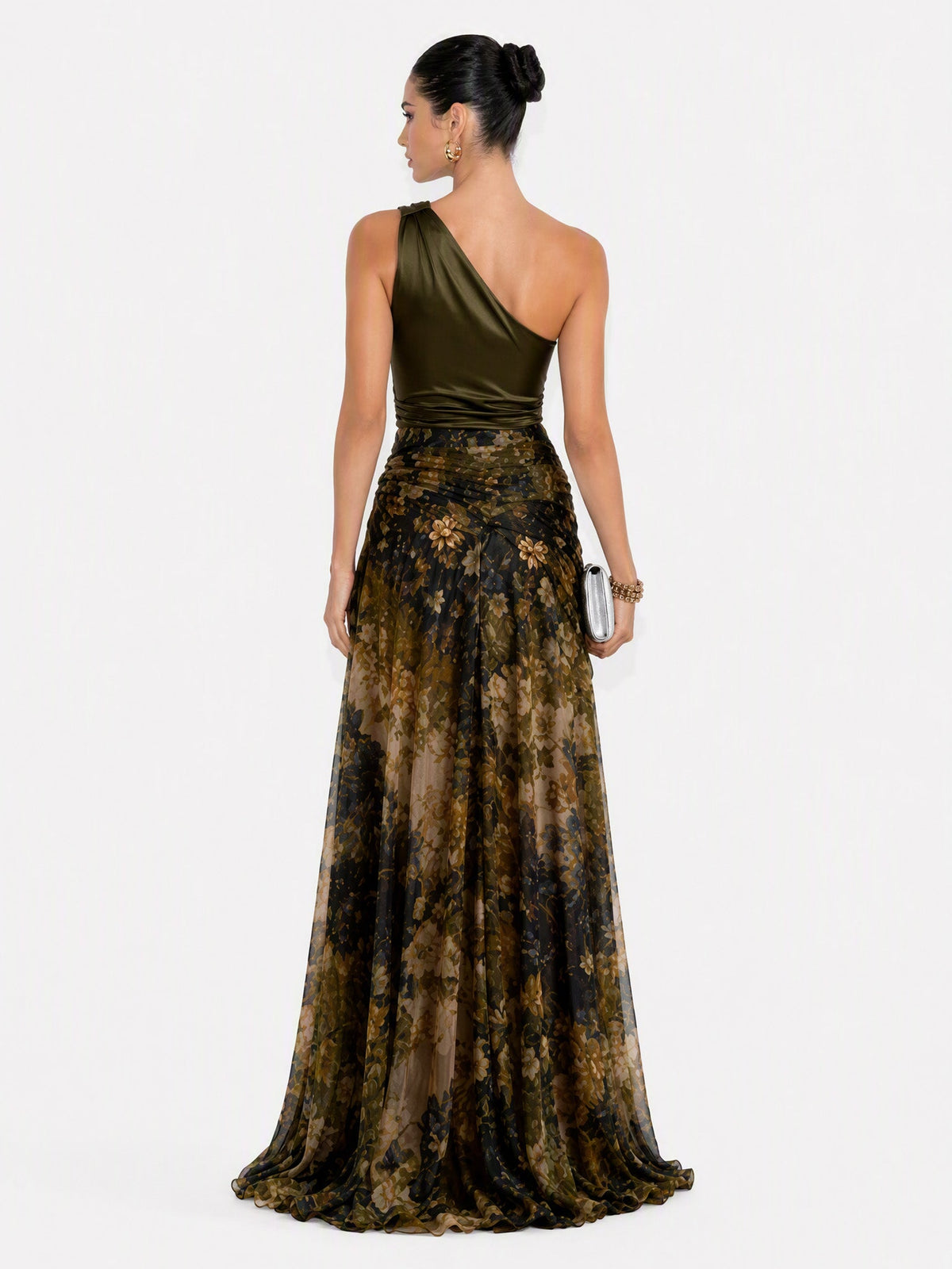 Elegant Floral Print One-Shoulder Slit Maxi Dress