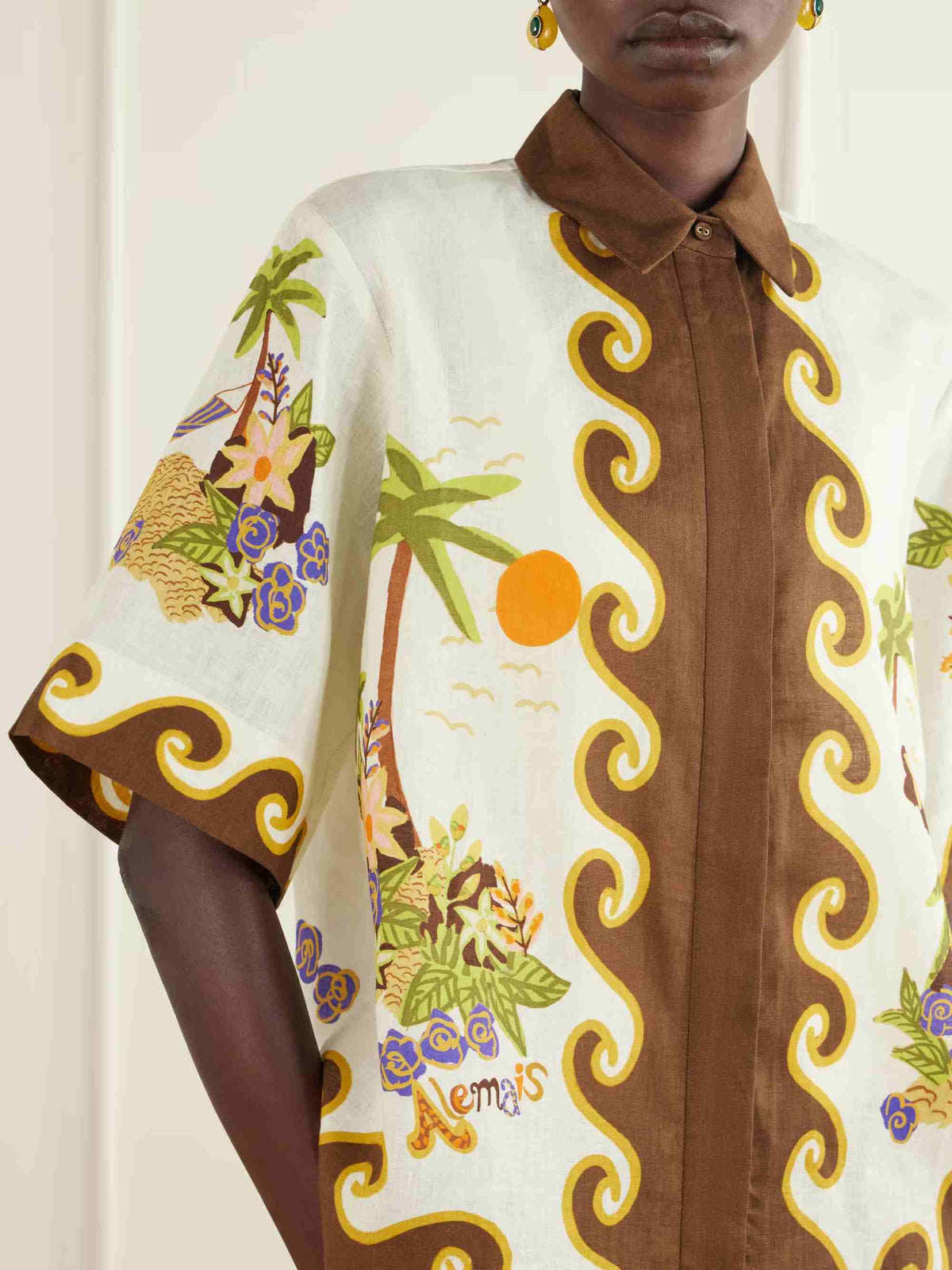 Retro Tropical Print Shirt & Wide-Leg Pants Two-Piece Set