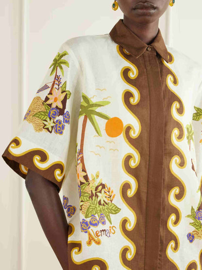 Retro Tropical Print Shirt & Wide-Leg Pants Two-Piece Set