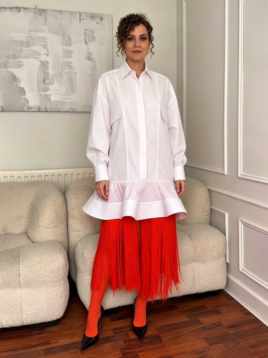 Elegant Ruffle Hem Fringe Shirt Dress
