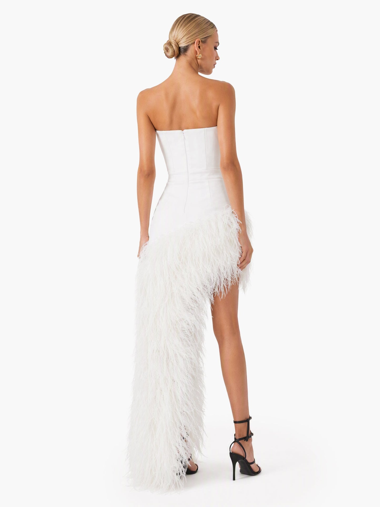 Elegant Strapless Feather Trim High Slit Satin Party Maxi Dress