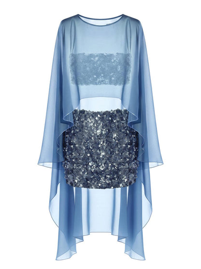 Elegant tulle shawl sequined two-piece set